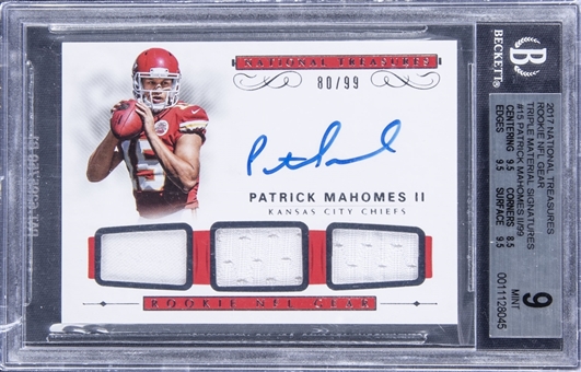 2017 National Treasures Rookie NFL Gear Triple Material Signatures #15 Patrick Mahomes II Signed Rookie Patch Card (#80/99) - BGS MINT 9/BGS 10